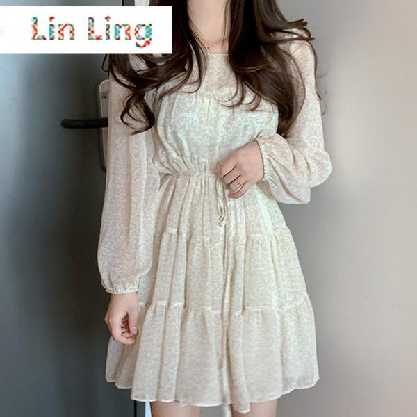 

casual dresses linling women's dress o-neck long sleeved floral korean spring sweet pleated lace-up high waist slim vestidos mujer, Black;gray