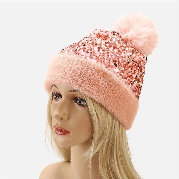 

beanie/skull caps winter beanies hats women luxury sequins beanie female fur pom hat bonnet warm for, Blue;gray