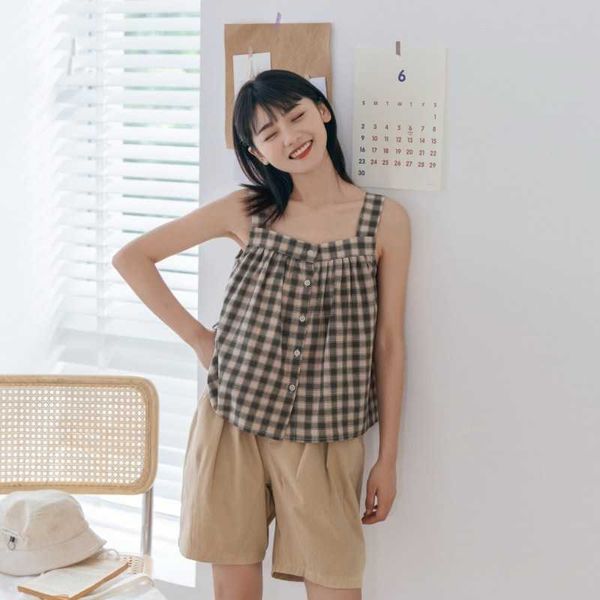 

summer japanese style sweet fresh plaid camisole all-match sleeveless blouses women casual fashion soft crop 210525, White