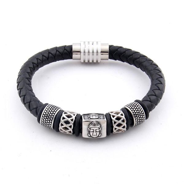 

charm bracelets yage vintage red genuine leather male charms 316l stainless steel buddha head bangle for men fashion jewelry, Golden;silver