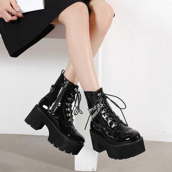 

boots heavy patent leather rivet lace up plush women's winter 42, Black
