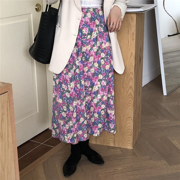 

feminine fresh print florals high waist sweet chic slim girls elegance all match streetwear women a-line skirts 210421, Black
