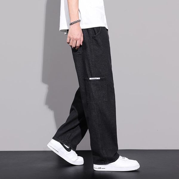 

men's jeans men loose straight leg pants cotton elastic waist casual pant retro clothes hip hop wide long trousers male, Blue
