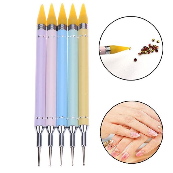

dotting tools 1pc dual-ended nail pen crystal beads handle rhinestone studs picker wax pencil manicure art tool, Silver