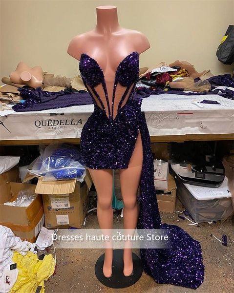 

party dresses sparkly purple sequin prom dress sleeveless real picture african black girl short 2021, White;black
