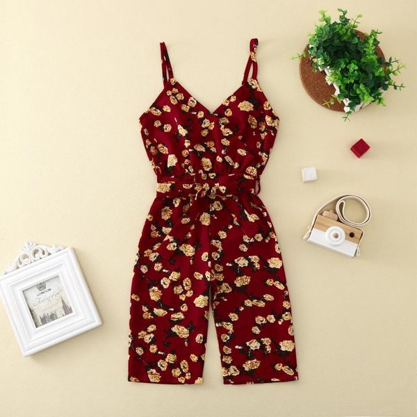 

summer kids toddler baby girls rompers floral printed sleeveless playsuit spaghetti strap belt romper jumpsuit girl clothes jumpsuits, Blue