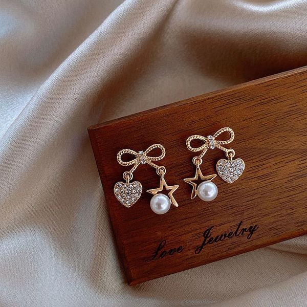 

stud five-pointed star bowknot love pearl earrings female korean fashion personality exquisite ear jewelry, Golden;silver