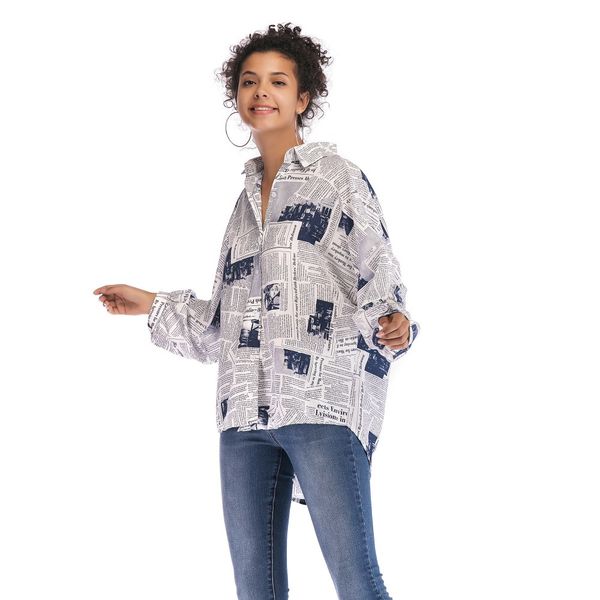 

personality english spapers print shirt autumn women long sleeve blouse lapel single breasted loose casual streetwear 210507, White
