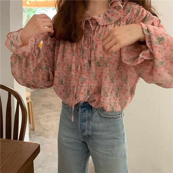 

women's blouses & shirts spring autumn retro korean style flare sleeve floral chiffon loose casual long female ll366, White