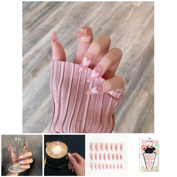 

false nails 24pcs pink love heart coffin long paragraph removable fashion manicure patch diy nail art decoration for manicures, Red;gold