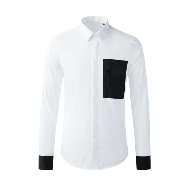

men's casual shirts 100% cotton mens luxury zipper pocket long sleeve dress fashion slim fit party male 3xl, White;black