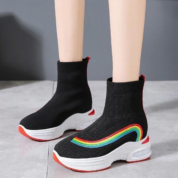 

boots women sock ankle thick bottom sneakers ladies platform fashion rainbow woman casual comfort shoes female vulcanized, Black