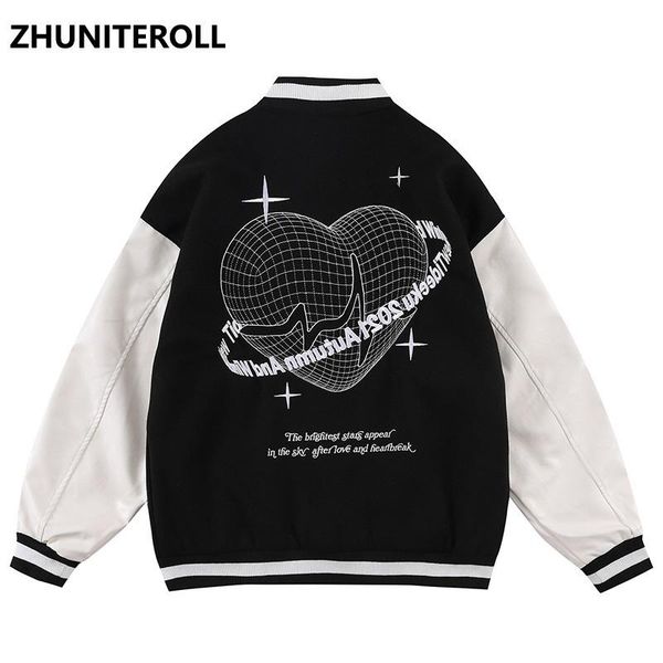 

men's jackets embroidery heart jacket men patchwork harajuku 2021 bomber baseball coats streetwear high street couple fashion clothing, Black;brown