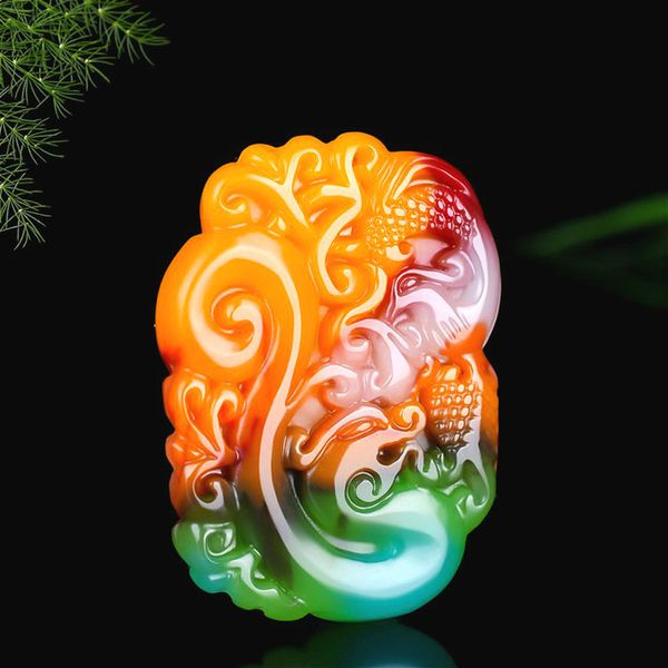 

dragon phoenix color jade pendant necklace hand-carved natural charm jewelry fashion amulet accessories for men women lucky gift, Slivery;golden