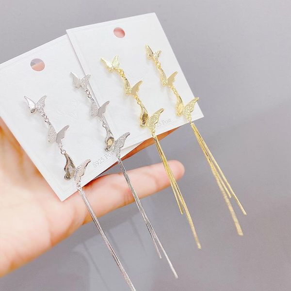 

stud design unique butterfly earrings for women 14k gold plated jewelry zircon elegant long tassel, Golden;silver