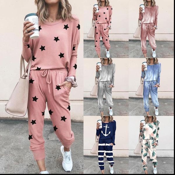 

autumn style fashion casual two womens tracksuits piece set long sleeves o neck slim print female leisure suits fall, Gray