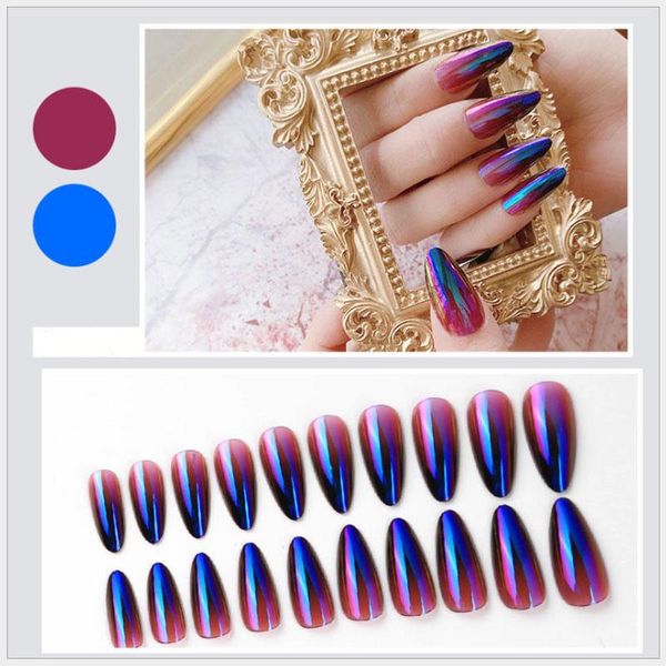 

24pcs set fashion colorful aurora fake nail length detachable french false nails ballet coffin sticker rhinestone tool, Red;gold