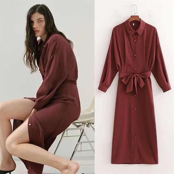 

elegant autumn ladies office dress with sashes fashion solid color turn down collar female slim vestidos ol xd3258-c11 210422, Black;gray