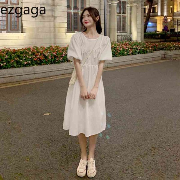 Ezgaga mulheres vestido coreano moda manga curta verão novo frisado de dois pedaços cintura alta cintura chique senhoras causal vestidos 210430