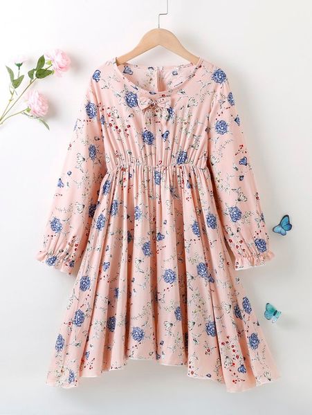 

girls floral print flounce sleeve bow front dress she, Red;yellow