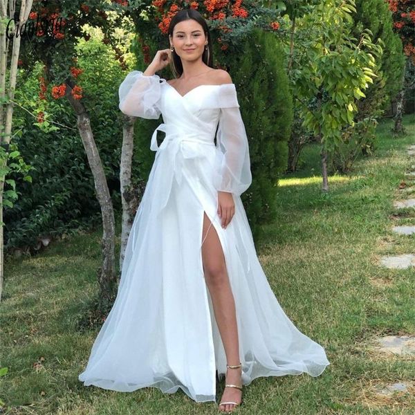 

other wedding dresses modest off the shoulder long sleeve organza country a-line with sashes bow front split bridal gown, White