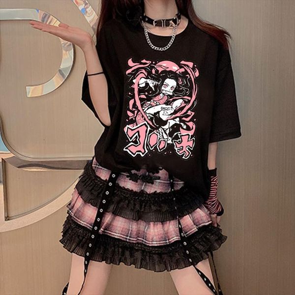 

demon slayer kimetsu no yaiba womens clothes streetwear anime cartoon print loose korean summer black, White