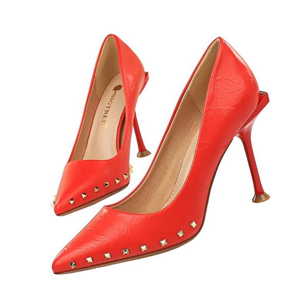 

dress shoes 2021 women 10cm high heels rivets studded office valentine pumps lady elegant female wedding bridal scarpins yellow pink, Black