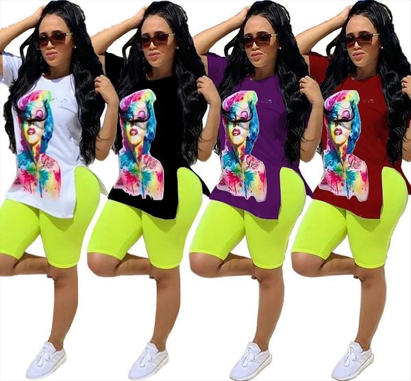 

spring set character print women tracksuits side slit t shirt pencil knee length pants suit two piece fashion tracksuit outfit, Gray