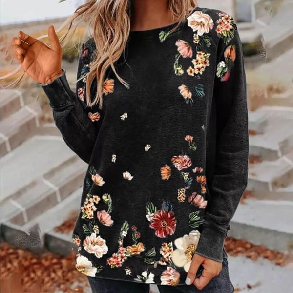 

spring t-shirt ladies vintage print flower long sleeves women's clothing fashion casual loose soft comfortable, White