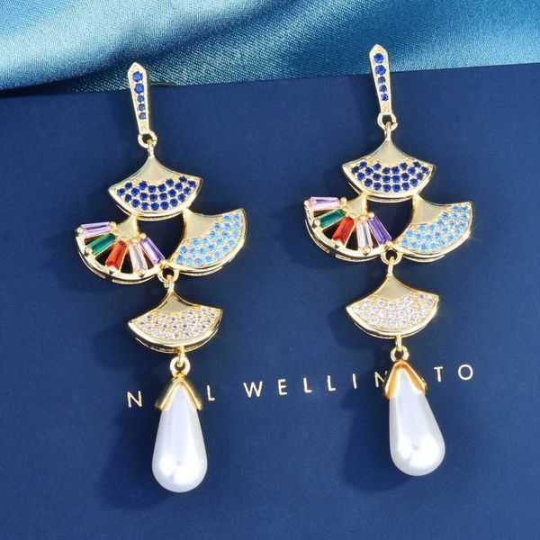 

dangle & chandelier design korean female temperament small skirt earrings long tassel coloured geometric fan-shaped pearl, Silver