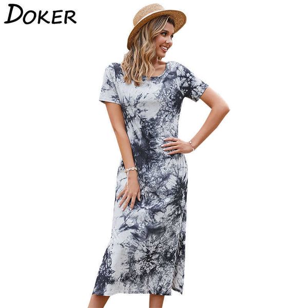 Summer Tie Dye Women Dress Manica corta O Neck Hem Fessura Donna Casual Elegante Vintage Abiti longuette Senhora 210604