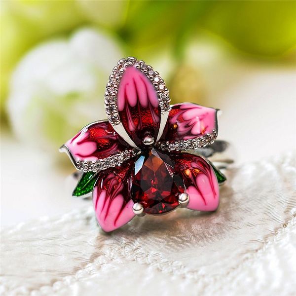 

wedding rings charm female big pink flower ring fashion bridal red stone vintage jewelry promise love engagement for women, Slivery;golden