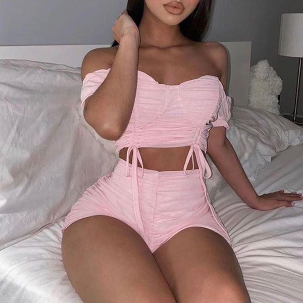 

beachapche off the shoulder strappy crop and ruched shorts set solid pink ivory mesh stretch club wear 2 piece women's tracksuits, Gray