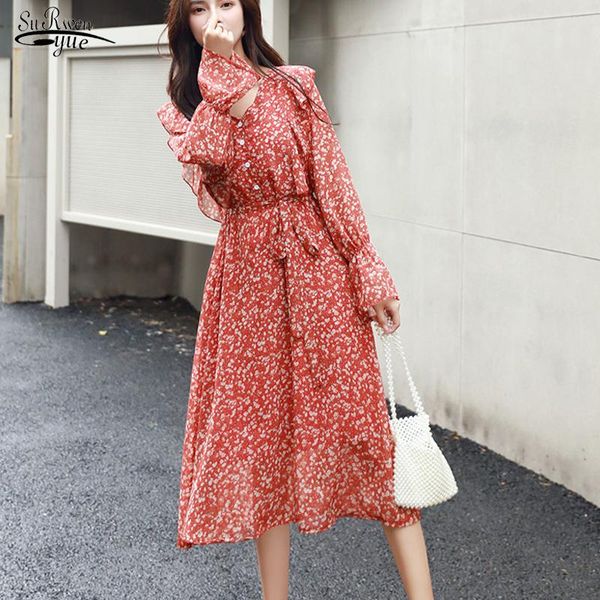 

casual dresses long sleeve red midi dress summer chiffon vintage floral women print v neck ladies robe femme 8568 50, Black;gray