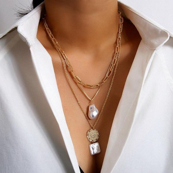 

pendant necklaces 4pcs/set trendy multilayered pendants pearl necklace for women fashion gold coin chain 2021 trend jewelry gift, Silver