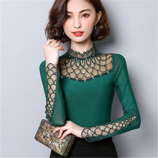 

women's blouses & shirts s-4xl women blouse shirt arrivals 2021 autumn long sleeved hollow out lace elegant slim patchwork mesh zy4228, White