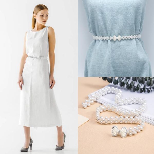 

belts 1pcs elegant women pearl belt waist elastic buckle chain female girls dress crystal strap, Black;brown