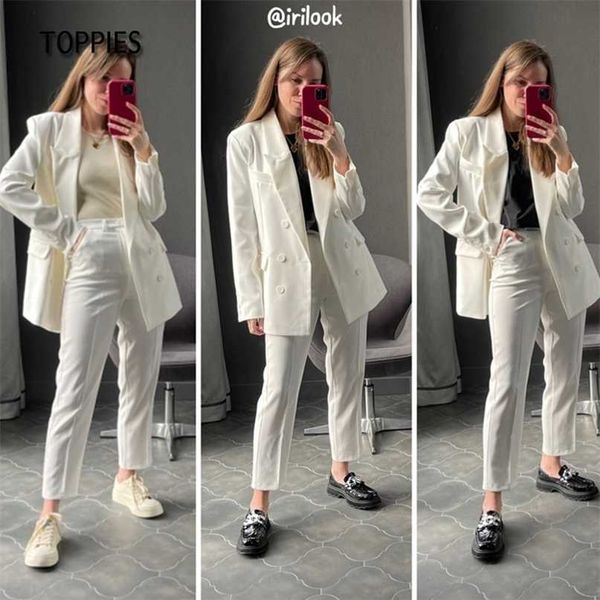 

ies spring blazer + pant office ladies suit set women double breasted jacket high waist pants 211105, White
