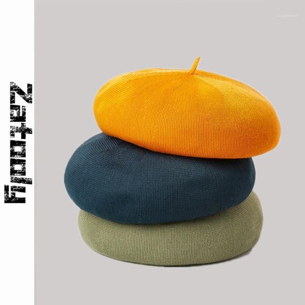 

spring summer beret hats for women knitted breathable cap lady simple octagonal boina feminina artist hat solid berets, Blue;gray