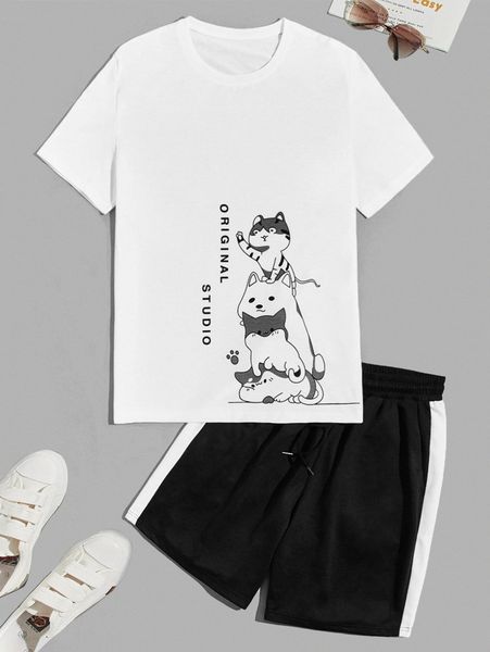 

men cat & letter graphic tee & contrast side seam drawstring shorts l3o4#, Gray