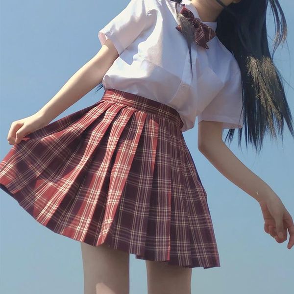 

skirts [amaranth red] jk school uniform plaid for girls summer high waist pleated women dress students college clothes, Black