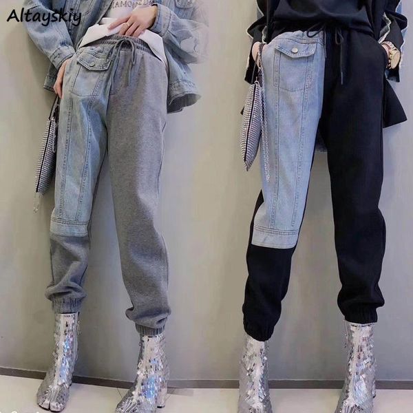 

women's pants & capris casual women denim patchwork streetwear fashion design spring loose oversize elastic waist spliced asymmetric an, Black;white