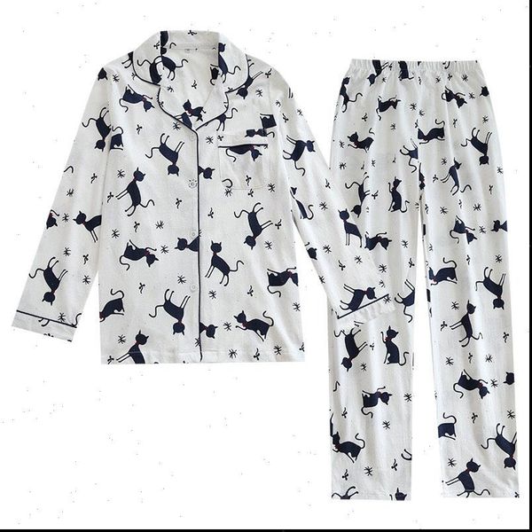 

autumn full cotton pajamas long womens sleepwears sleeve home wear korean style cute kitty printed knitted turndown collar sleepwear, Black;red
