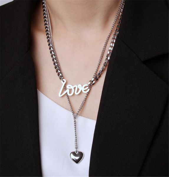 

pendant necklaces 316l stainless steel 3d three-dimensional love punk sweatshirt with double layer hip-hop style necklace no fade, Silver