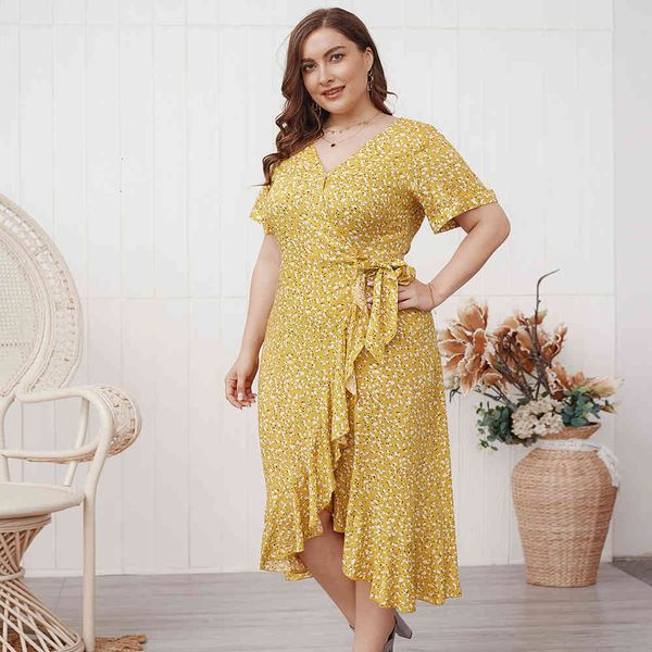 

casual dresses oversize floral print women long summer high waist wrap holiday boho ruffle midi dress vestidos a1he, Black;gray
