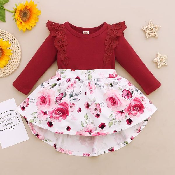 

girl's dresses baby girl long sleeve dress birthday wedding party clothes floral pretty lace outfits 3 colors, Red;yellow