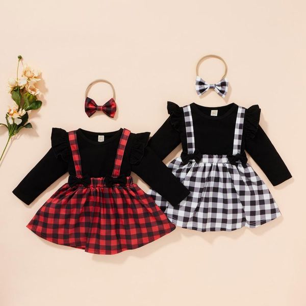 

clothing sets toddler baby girl clothes solid +plaid printed suspender skirts headbands outfits kids dress casual, White