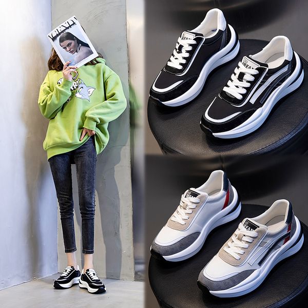 

sports shoes women's spring 2021 daddy flat bottomed running breathable casual single thick soled leather, Black;white