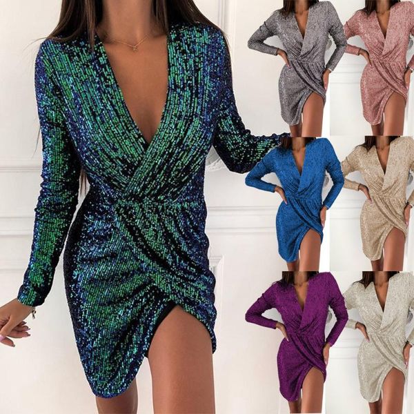 

women hollow out v-neck slit bodycon dress autumn sequin glitter shiny mini winter long sleeve party tl25 casual dresses, Black;gray