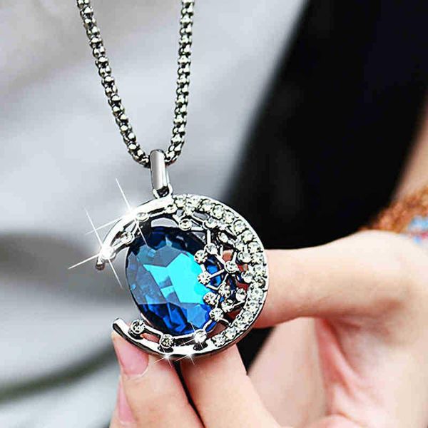 

pendant necklaces 2021 fashion crescent moon crystal necklace long sweater chain cz for women jewelry kolye, Silver
